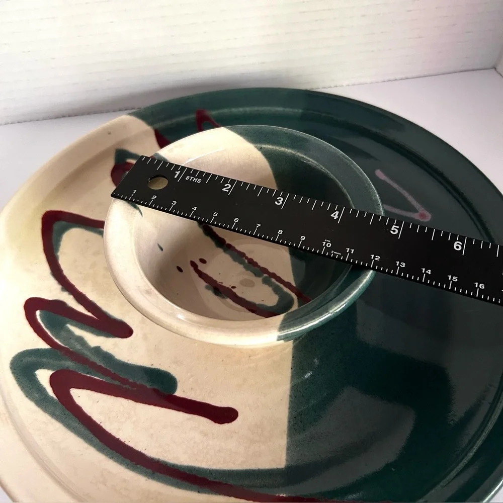 Chips and Salsa ArtisanStudio Pottery Serving Dish Jade Green Cream and Burgundy